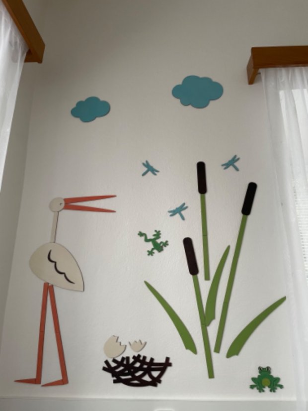 Čáp - dřevěná dekorace / lampička na zeď - Provedení: Pravostranné, Lampička: Ne