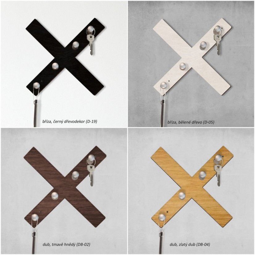 Věšák na klíče Křížek - Typ háčků: Satin chrom, Materiál: Dub