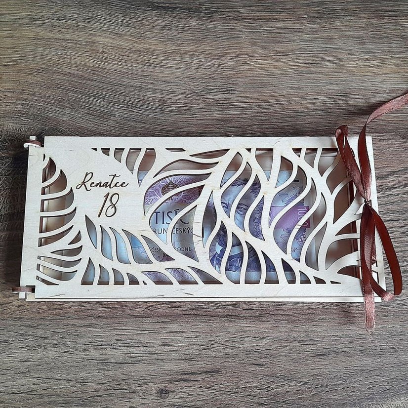 Dřevěná krabička na peníze - listy - Velikost: DL